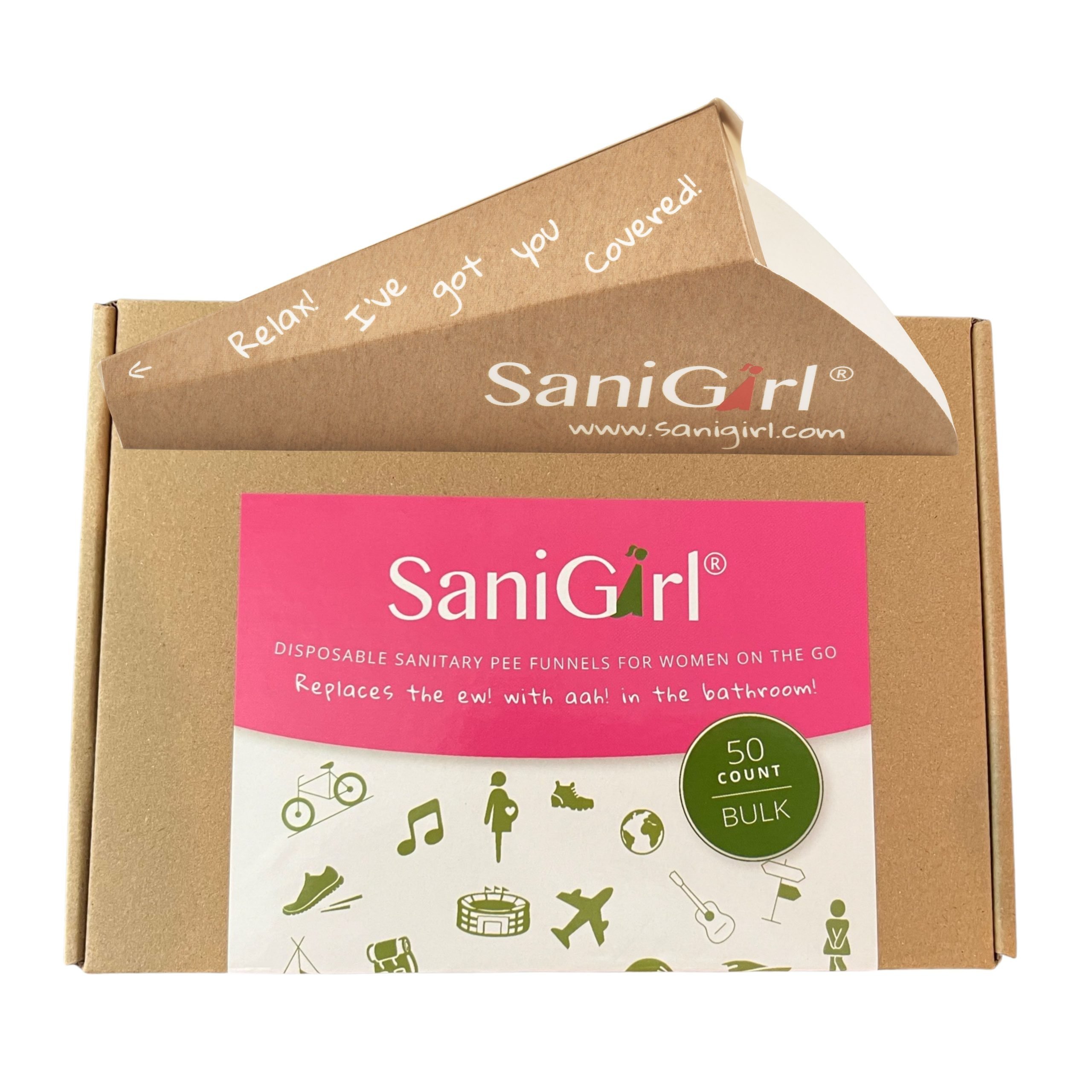 SaniGirl Female Urination device 50 pack bulk disposable pee funnels for women